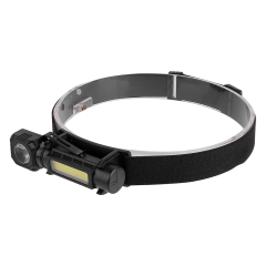 An angled view of the LED headlamp setup showing the adjustable black headband strap.