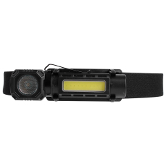 Front view of the right-angle COB LED light mounted horizontally on a black elastic headband on a white background.
