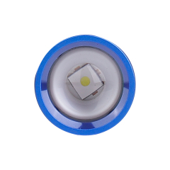 A front close-up view looking directly into the flashlight head, showing the P50 LED chip and the blue bezel ring.