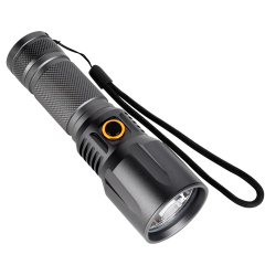 An angled view of the compact aluminum LED flashlight showcasing its head bezel, side button, and wrist strap.