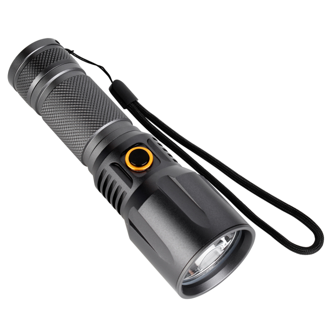 An angled view of the compact aluminum LED flashlight showcasing its head bezel, side button, and wrist strap.