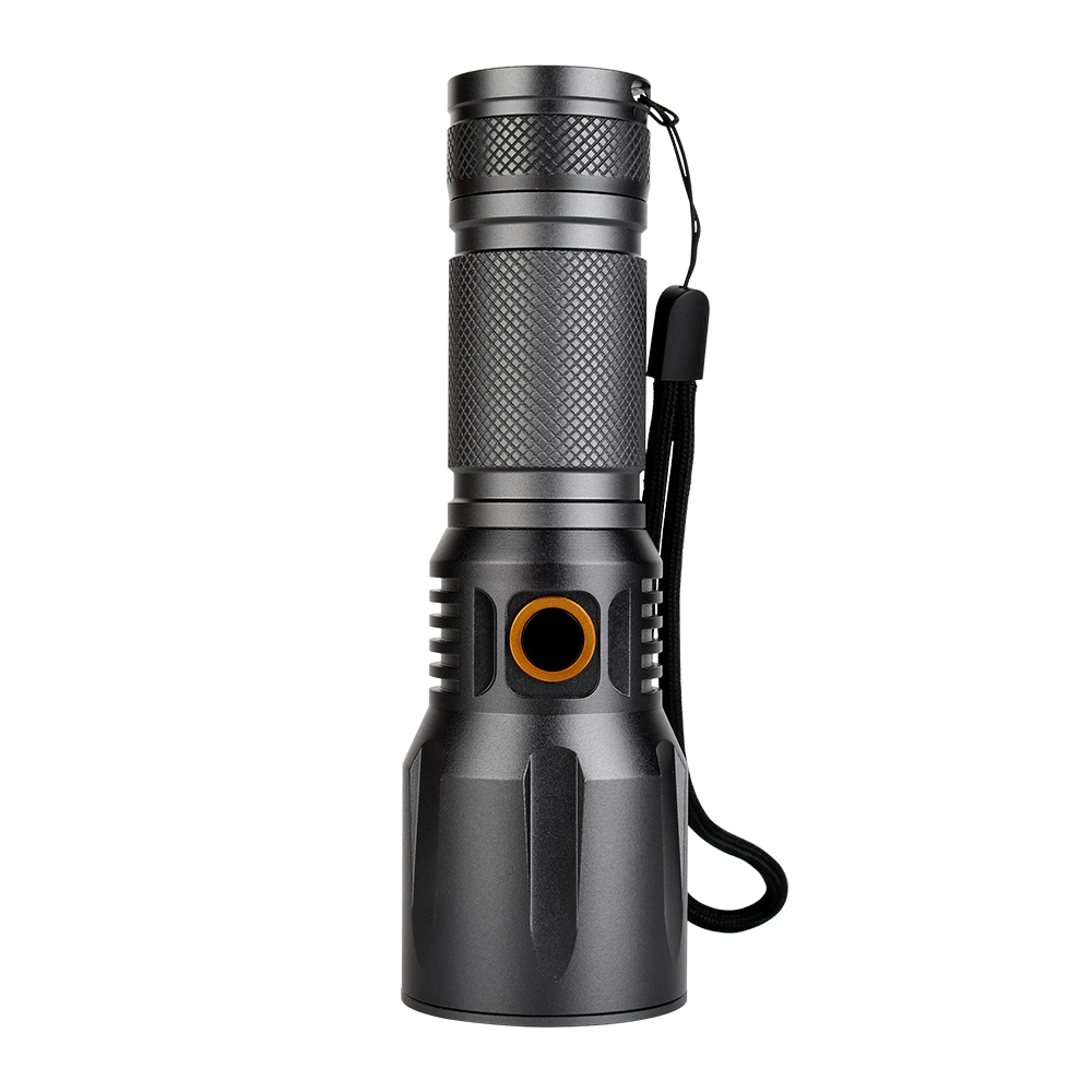Front vertical view of the gray aluminum alloy LED flashlight with a wrist lanyard on a white background.