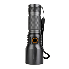 Front vertical view of the gray aluminum alloy LED flashlight with a wrist lanyard on a white background.