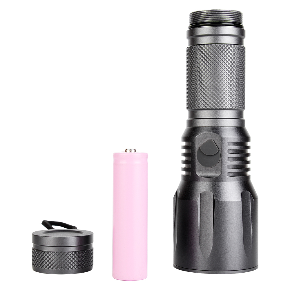 The aluminum LED flashlight displayed alongside its unscrewed tail cap and a rechargeable battery.