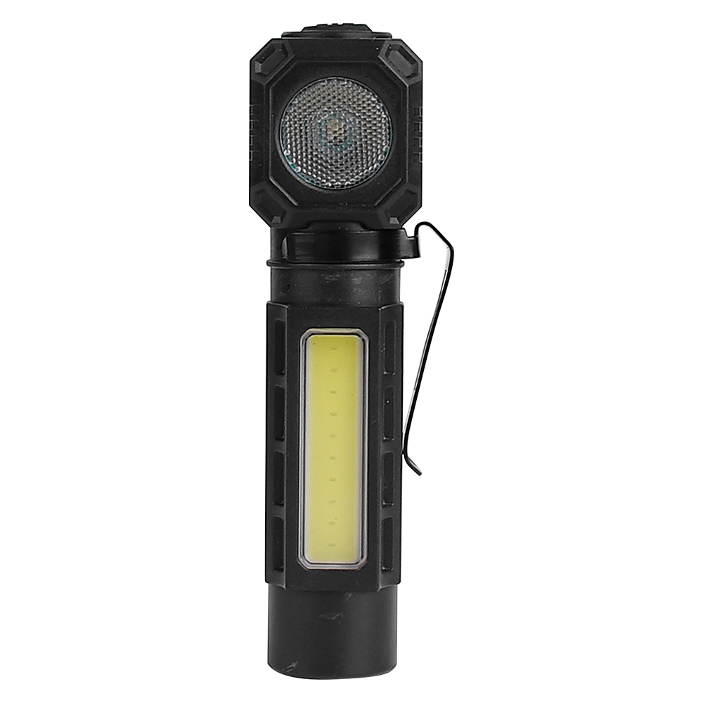Front view of the black right-angle flashlight showcasing the top LED lens, middle COB panel, and metal pocket clip.