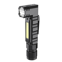 An angled view of the black aluminum right-angle flashlight showcasing its front LED lens, side COB panel, and pocket clip.