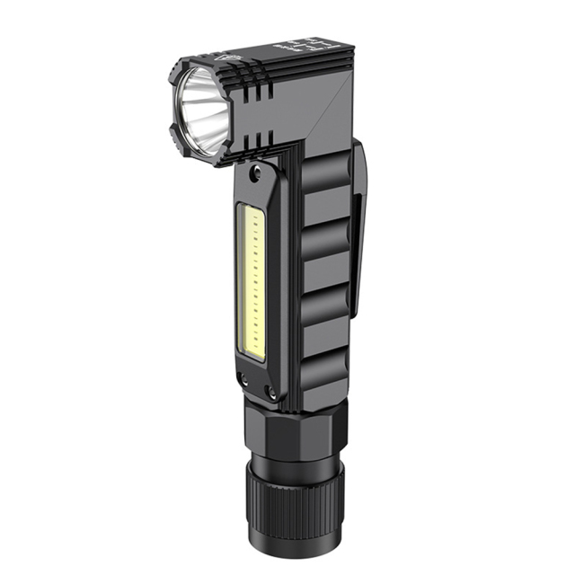 An angled view of the black aluminum right-angle flashlight showcasing its front LED lens, side COB panel, and pocket clip.