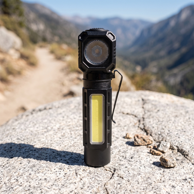 A black right-angle LED flashlight standing upright on a mountain rock in daylight.