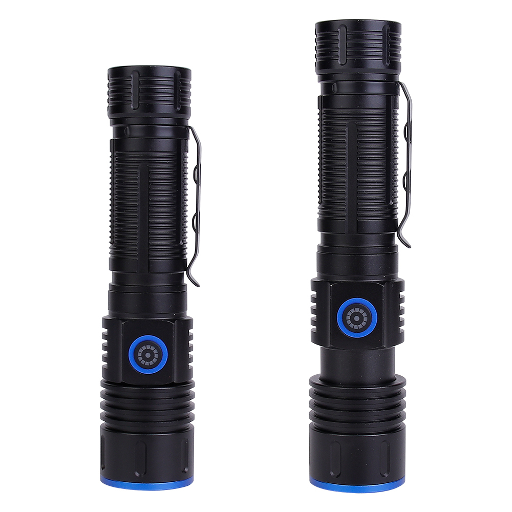 Side-by-side comparison of the rechargeable LED flashlight showing its contracted and extended telescopic zoom mechanism.