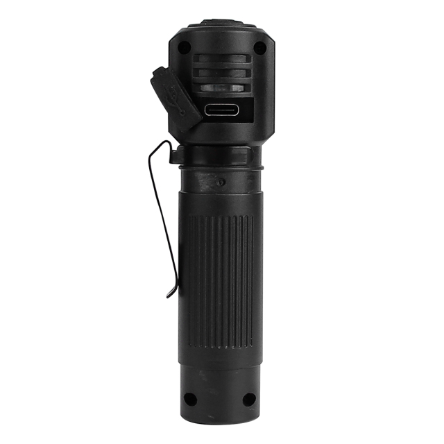 Back view of the right-angle flashlight highlighting the rubber dust cover over the Type-C USB charging port.