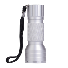 Front vertical view of the compact silver aluminum 21 LED flashlight with its attached black lanyard.