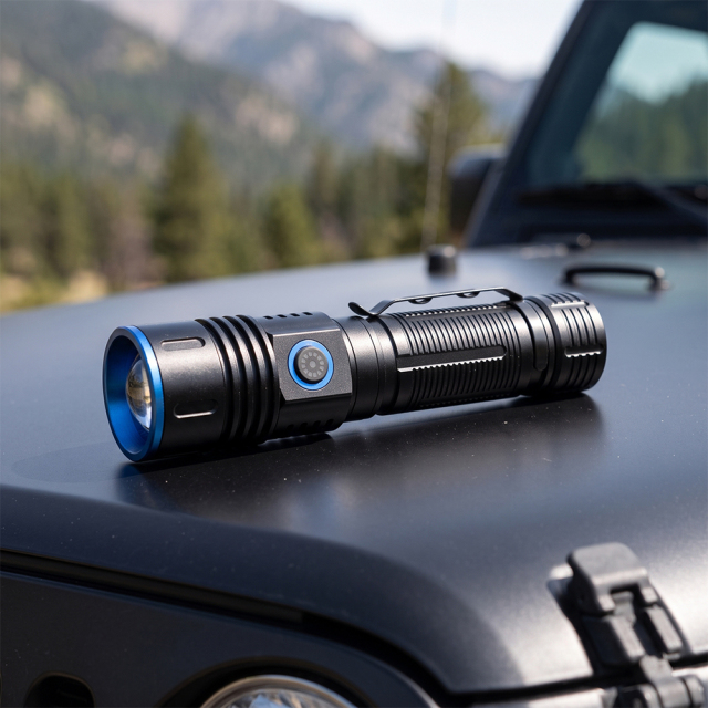 A black high-power tactical rechargeable LED flashlight with a blue accent ring resting on the hood of a black Jeep outdoors.