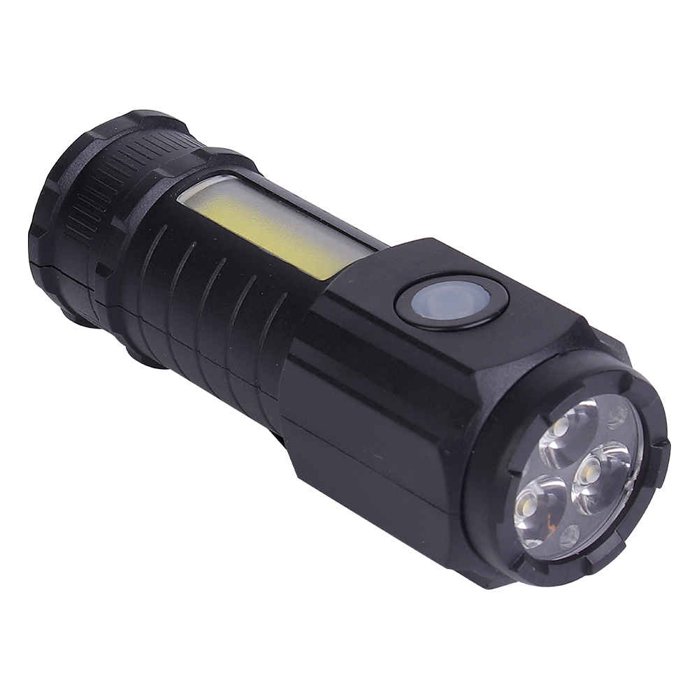 An angled view of the compact black flashlight showing its 3 LED front head and side COB light.