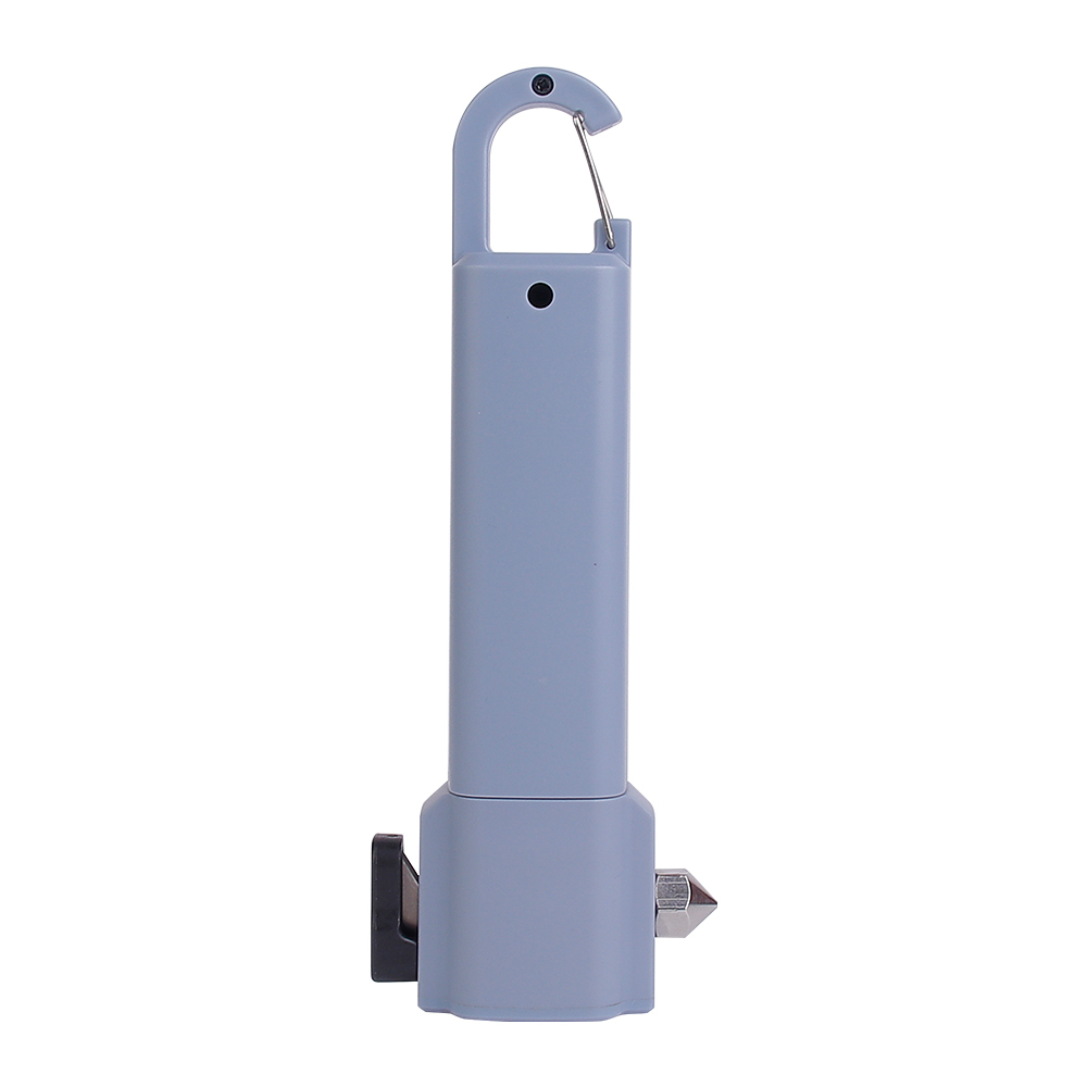 Back view of the greyish-blue multifunctional flashlight with top carabiner hook.
