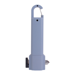 Back view of the greyish-blue multifunctional flashlight with top carabiner hook.