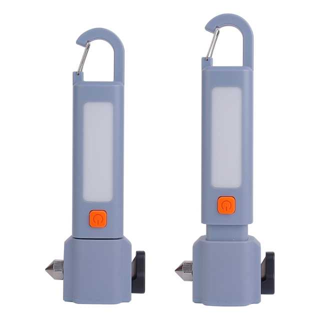 Front view of the car emergency flashlight showing its extended telescopic zoom function and side light panel.