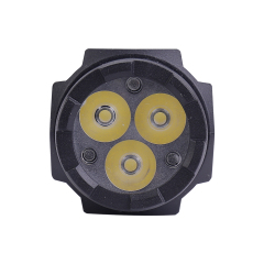 Close-up front view of the flashlight head featuring 3 high-power LED light beads.