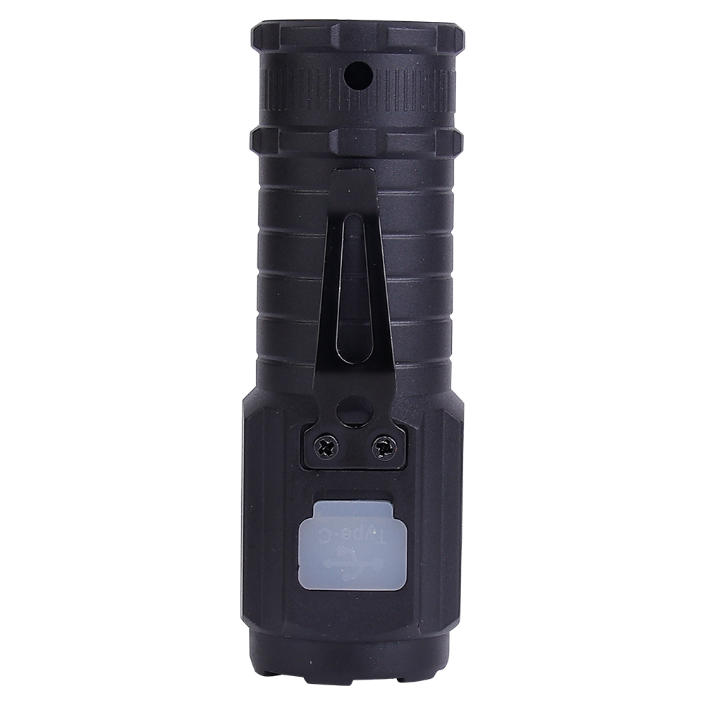Back view of the compact flashlight showing its sturdy pocket clip and protected Type-C charging port.