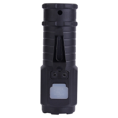 Back view of the compact flashlight showing its sturdy pocket clip and protected Type-C charging port.