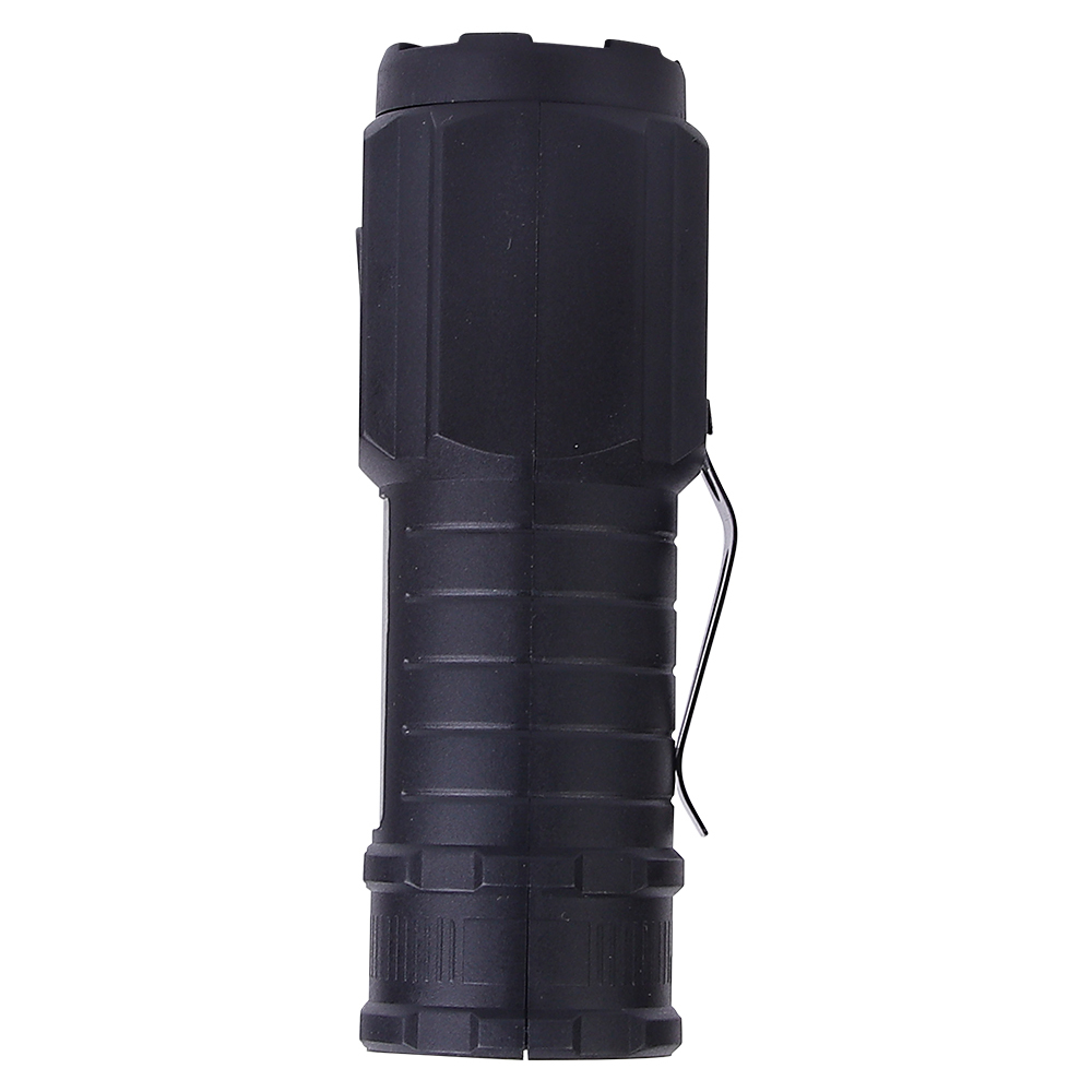 Side profile of the black mini LED flashlight featuring a durable pocket clip.