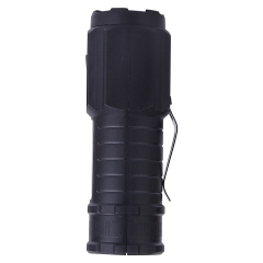 Side profile of the black mini LED flashlight featuring a durable pocket clip.