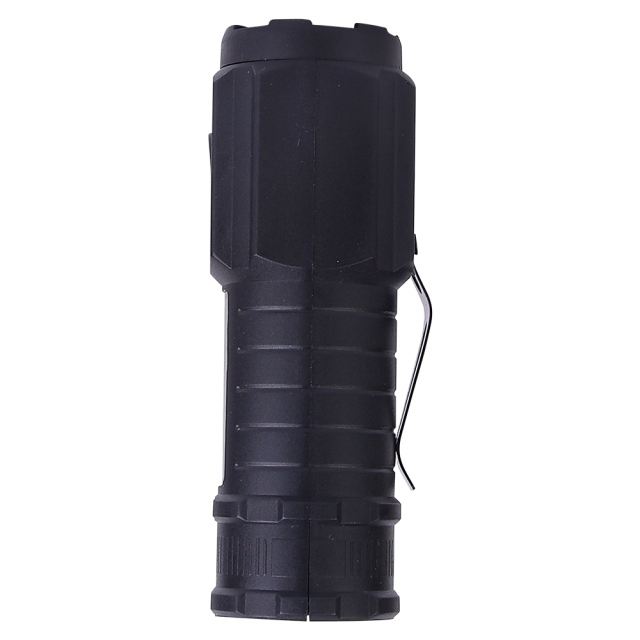Side profile of the black mini LED flashlight featuring a durable pocket clip.