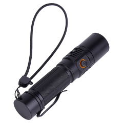 A black aluminum LED flashlight with a pocket clip and long lanyard lying on a white surface.