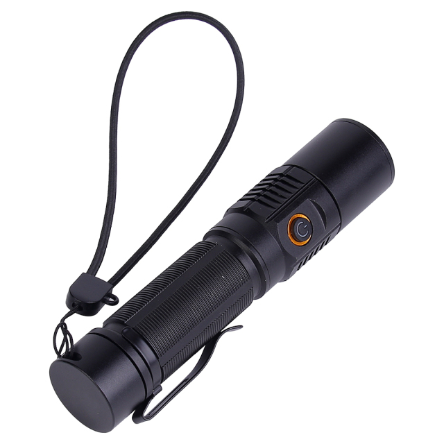 A black aluminum LED flashlight with a pocket clip and long lanyard lying on a white surface.