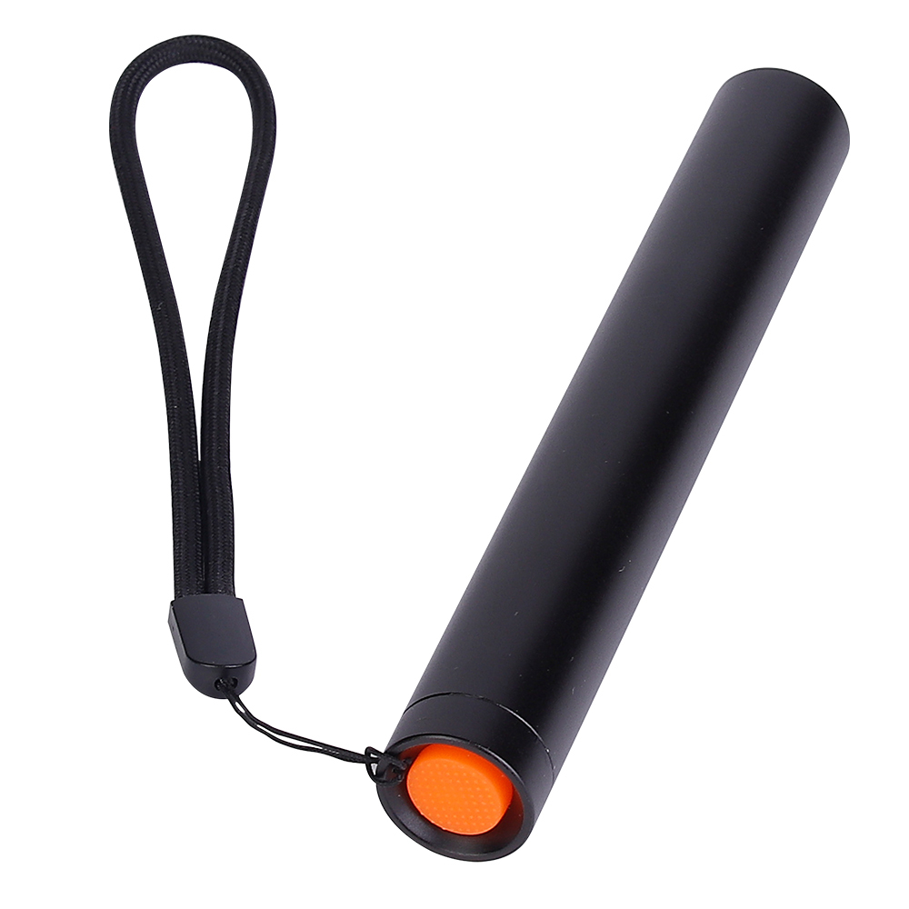 Close-up view of the black aluminum UV flashlight showcasing its bright orange tail-cap push button and lanyard.