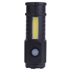 Front view of the black mini LED flashlight showing the side COB panel and push button switch.