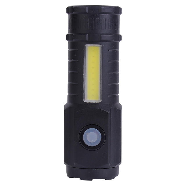 Front view of the black mini LED flashlight showing the side COB panel and push button switch.