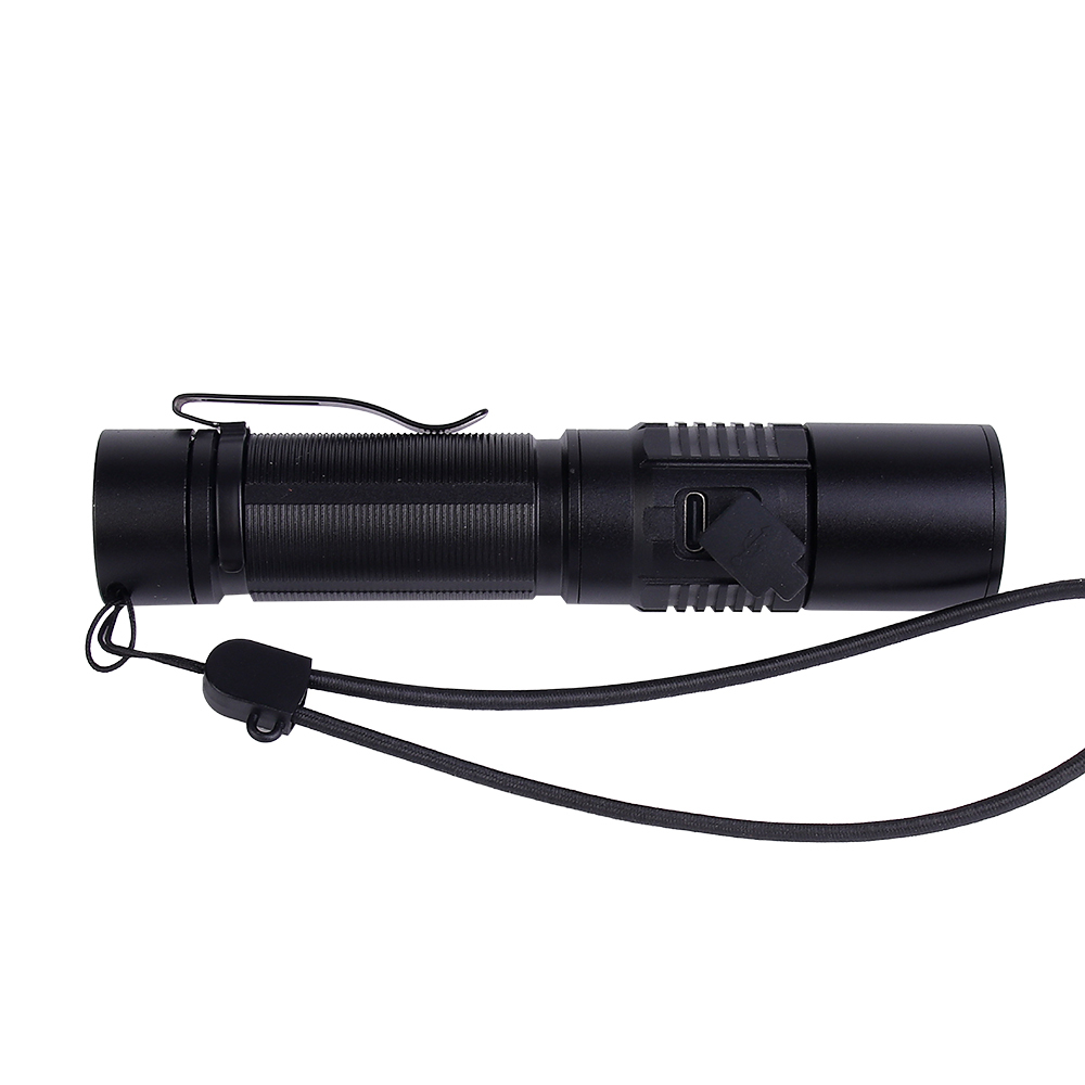 Side view of the compact LED flashlight showcasing its metal pocket clip and rubber cover for the Type-C charging port.