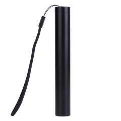 Vertical flat lay view of the slim black aluminum UV 365nm blacklight flashlight with a wrist strap.