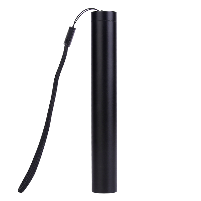 Vertical flat lay view of the slim black aluminum UV 365nm blacklight flashlight with a wrist strap.