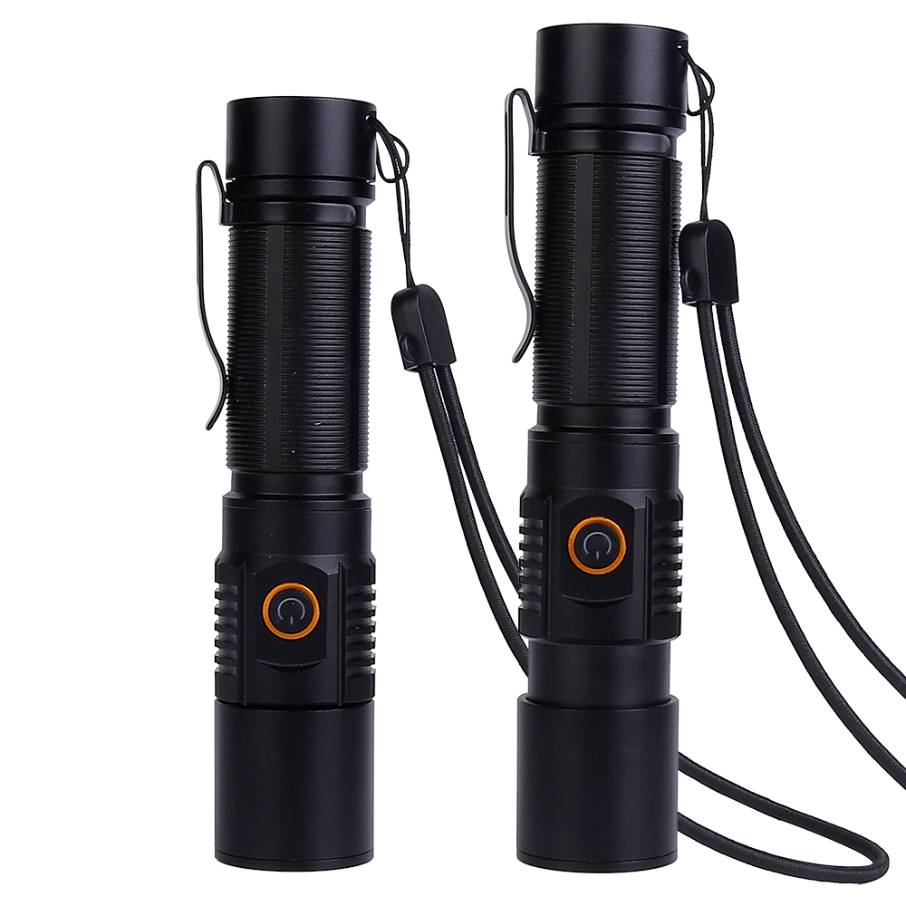 Two black aluminum LED flashlights with metal pocket clips showing the retracted and extended zoomable head length.