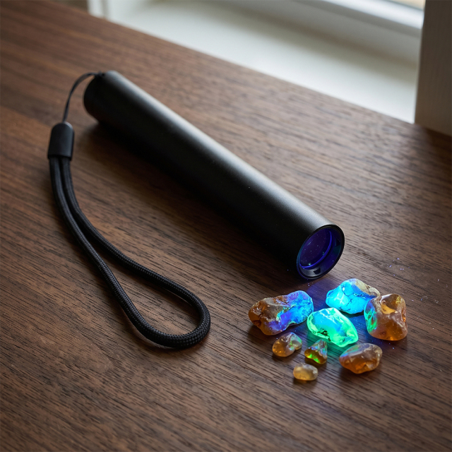 A black UV 365nm blacklight flashlight placed on a wooden desk illuminating fluorescent minerals and amber rocks.