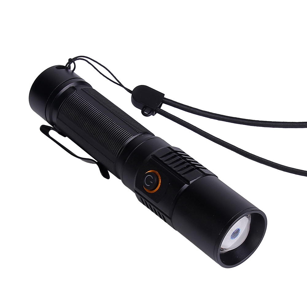 An angled view of the black LED flashlight showing its clear convex lens and side power button.