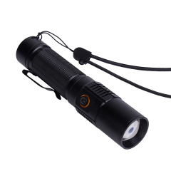 An angled view of the black LED flashlight showing its clear convex lens and side power button.