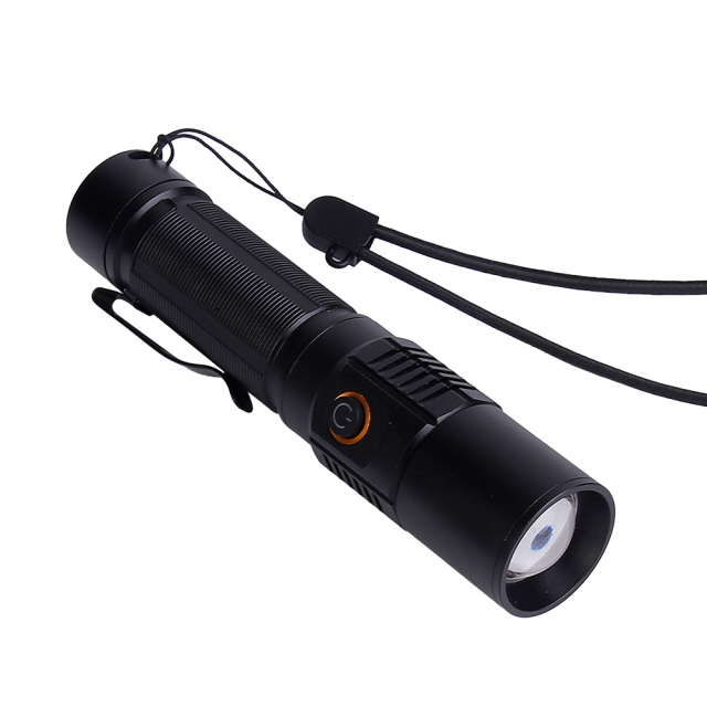 An angled view of the black LED flashlight showing its clear convex lens and side power button.