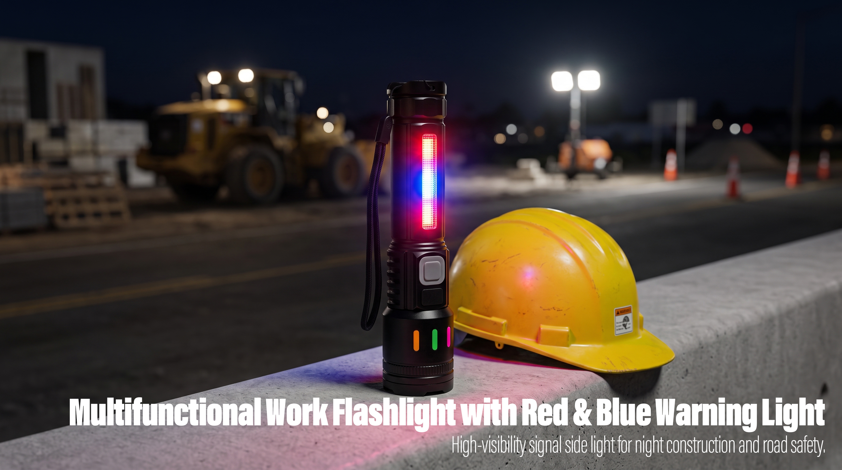 A black LED work flashlight with glowing red and blue warning side lights standing next to a yellow hard hat on a construction site barrier at night.