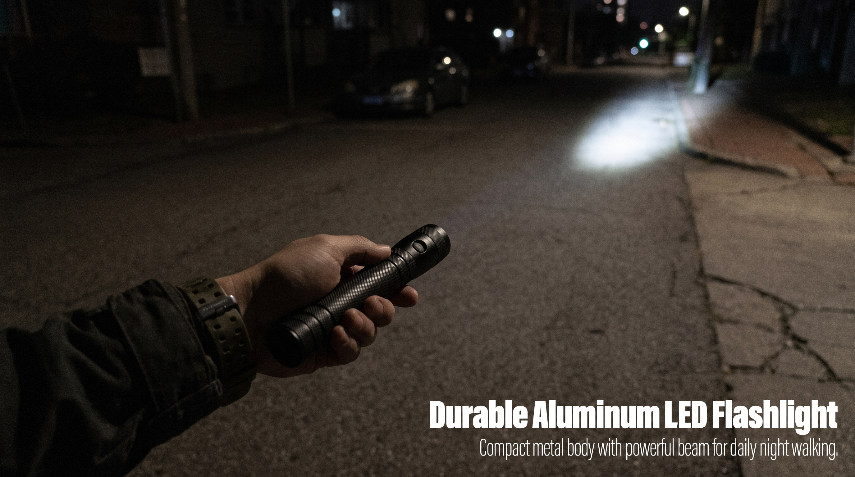 First-person view of a hand holding a black aluminum LED flashlight shining a bright beam on a dark street at night.