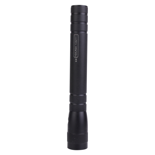 Front view of a compact black aluminum LED flashlight designed for daily portable carry.
