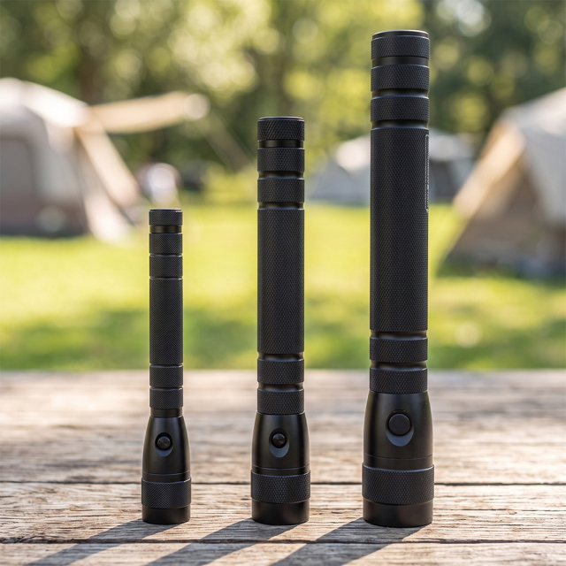 Three black aluminum LED flashlights in different sizes standing on a wooden outdoor table with tents in the background.