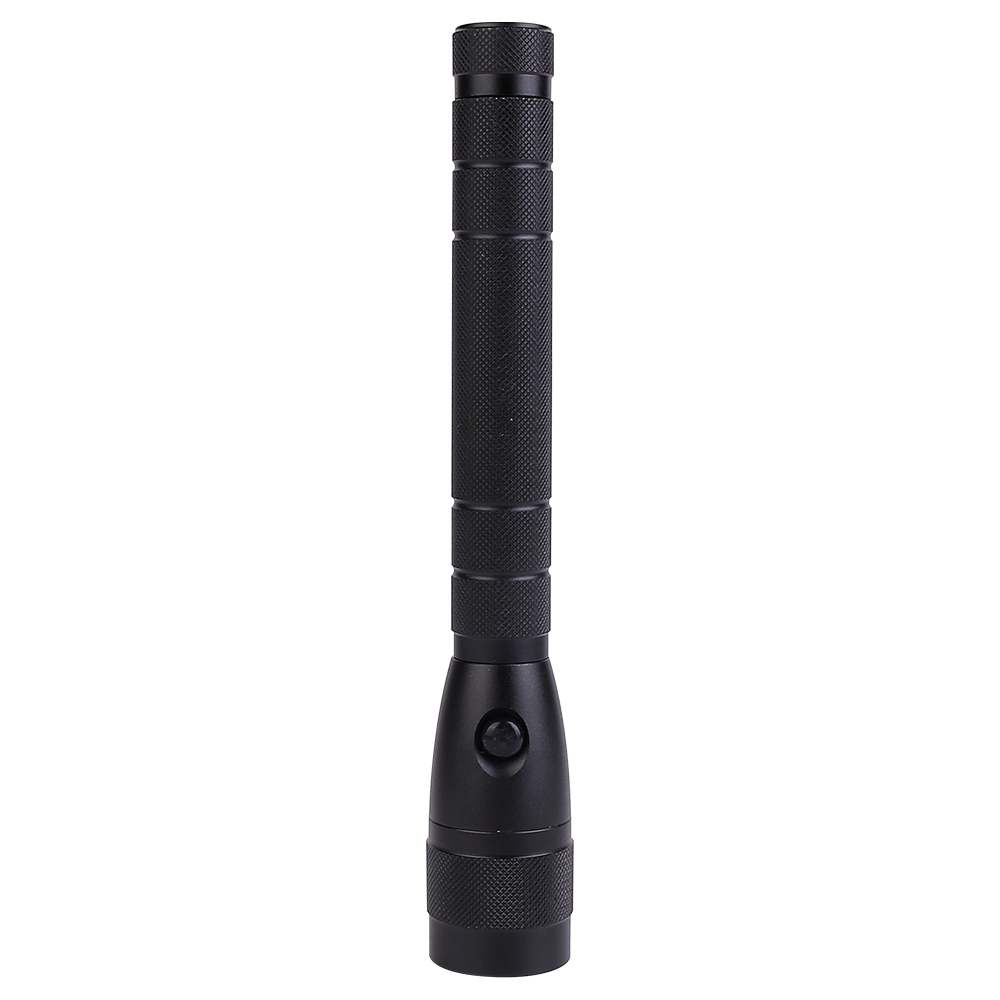 Full vertical view of the heavy-duty long aluminum flashlight featuring a textured grip and side switch.