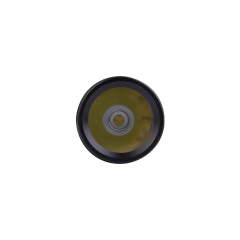 Frontal close-up view of the large aluminum flashlight lens and powerful LED light source.