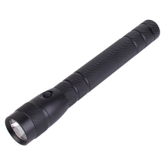 An angled view of the compact pocket-sized aluminum LED flashlight lying flat.