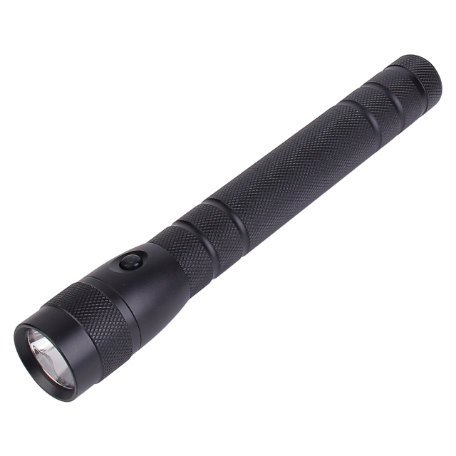 An angled view of the compact pocket-sized aluminum LED flashlight lying flat.