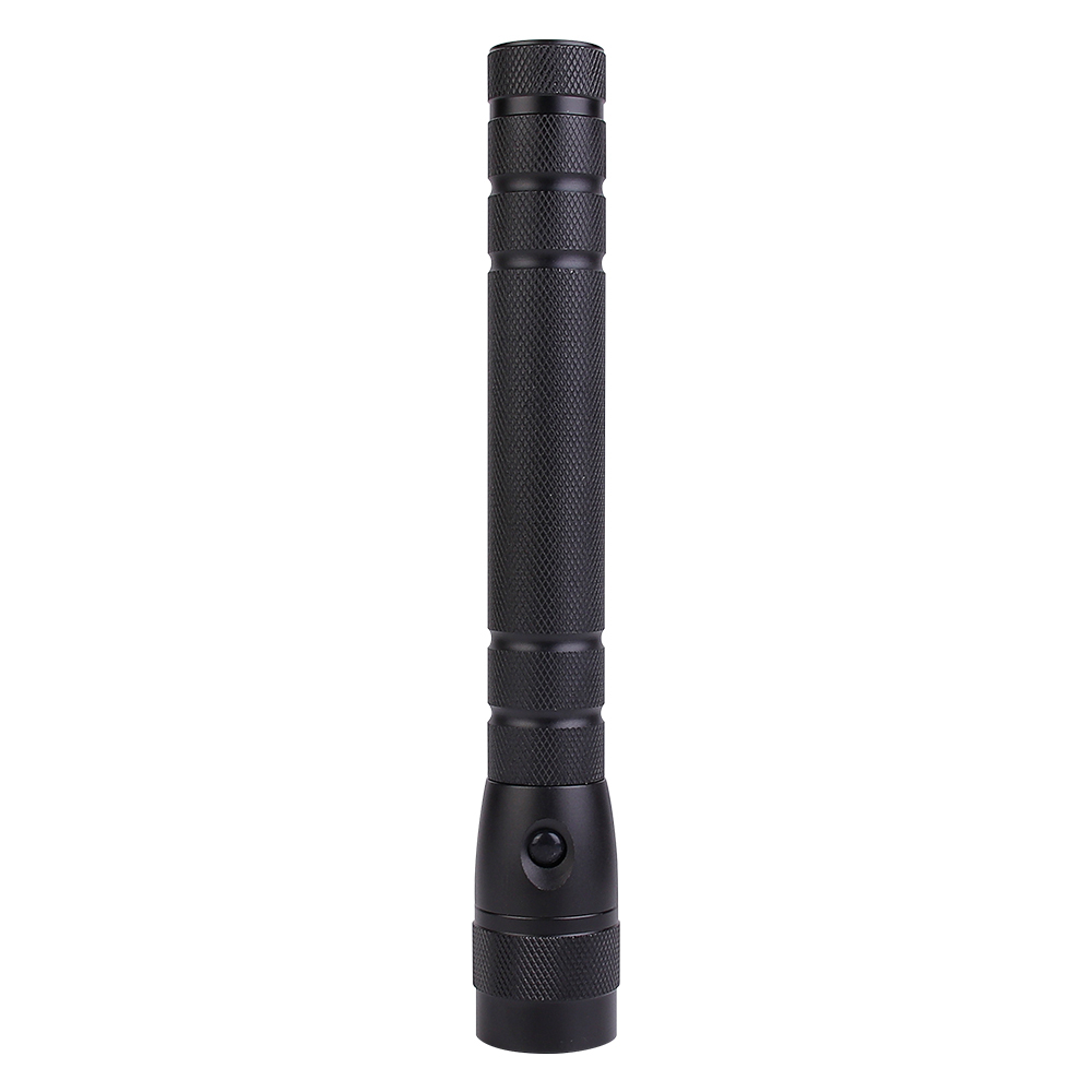 Front vertical view of a medium-sized black aluminum flashlight showing its side push switch.
