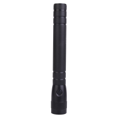 Front view of a long heavy-duty black aluminum LED flashlight for high-brightness illumination.