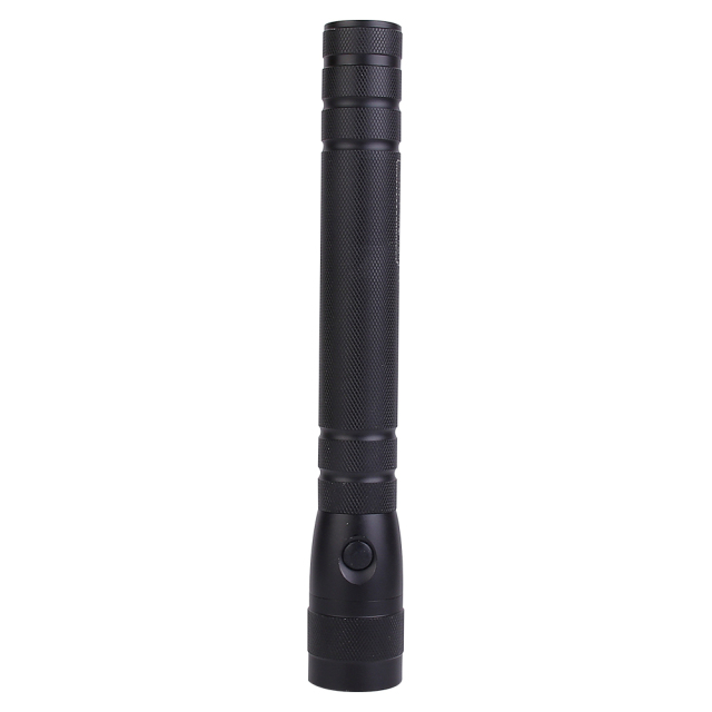 Front view of a long heavy-duty black aluminum LED flashlight for high-brightness illumination.
